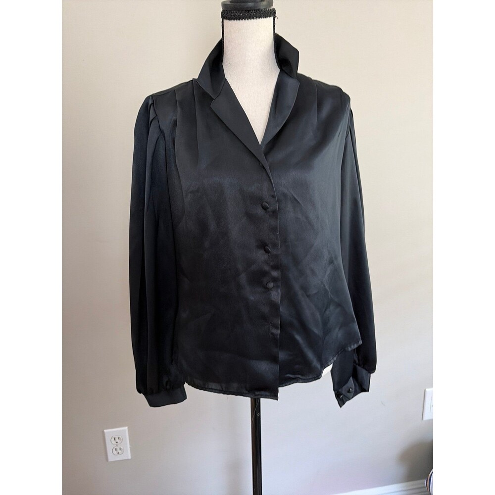Vintage black satin long-sleeve button-up blouse with a fold-over collar size sm